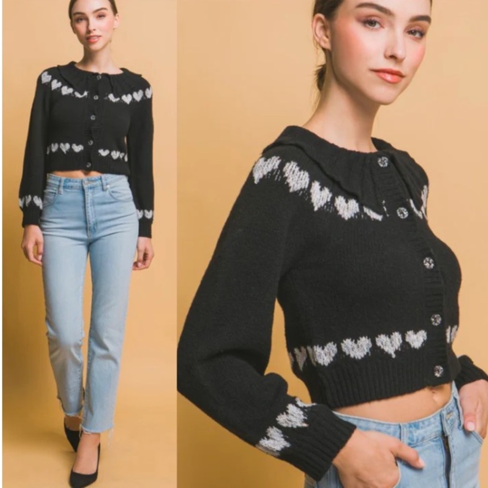 Anthro Galentine Heart Cardigan Sweater - Black & White - Picture 14 of 14
